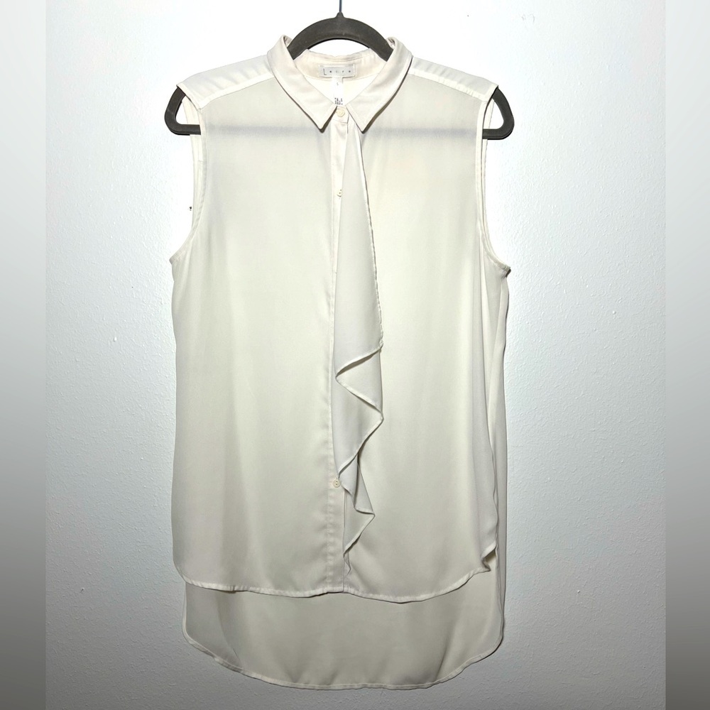White Asymmetrical Sleeveless Blouse button front size medium brand Leith